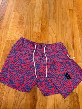 Men's Pink & Blue Zebra-Print Swim Trunks with Drawstring